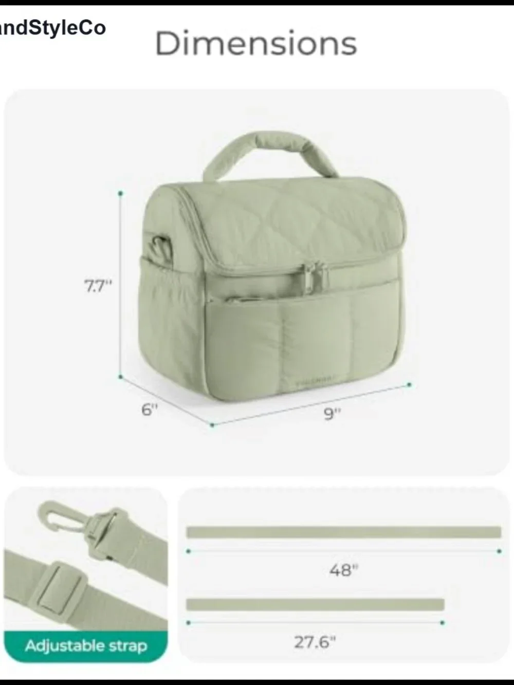 Insulated Quilted Lunch Bag Crossbody Tote PEVA Lining 6.7L Work Picnic